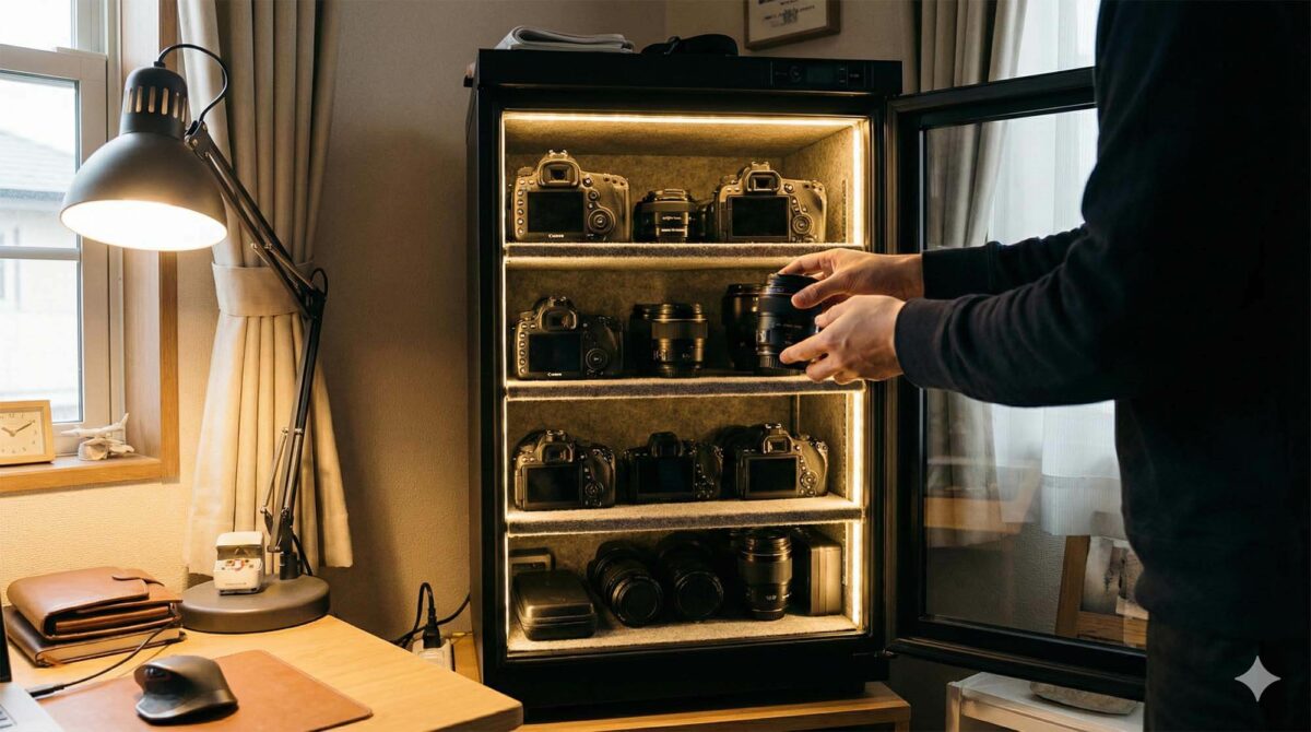 打開的電子防潮箱塞滿了各式各樣的相機機身與鏡頭，居家溫暖燈光，象徵整理器材的概念 / Open electronic dry box (moisture cabinet) full of camera lenses and bodies, warm home lighting, organizing gear concept.